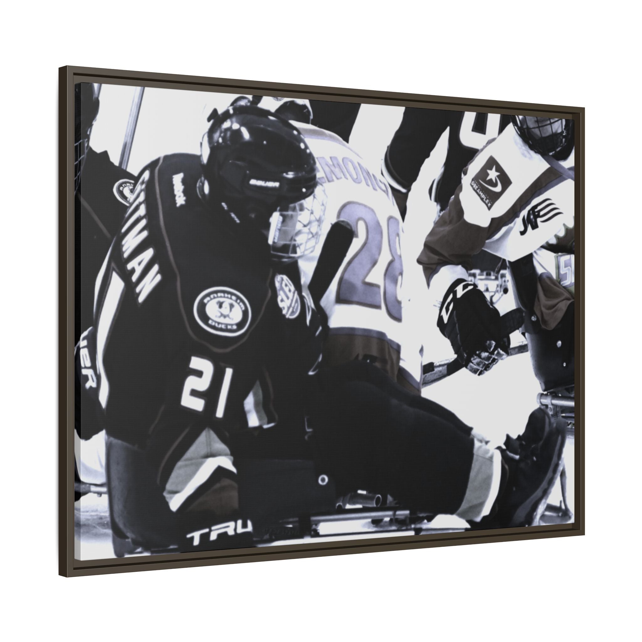 Framed Hockey Action Matte Canvas Print — Black & White Sports Wall Art