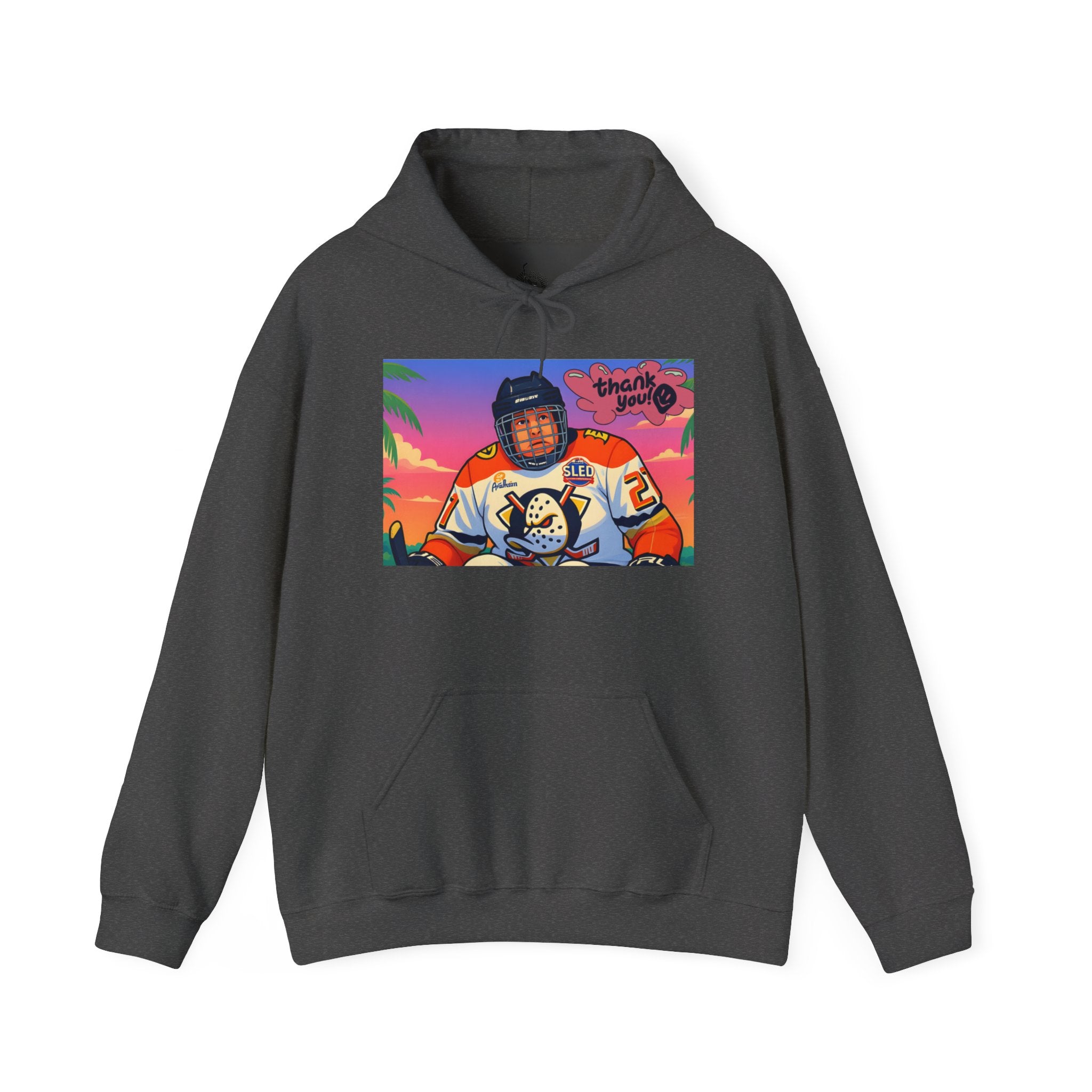 Hockey Player Retro Sunset Hoodie — Vintage Anaheim Skate Jersey Graphic