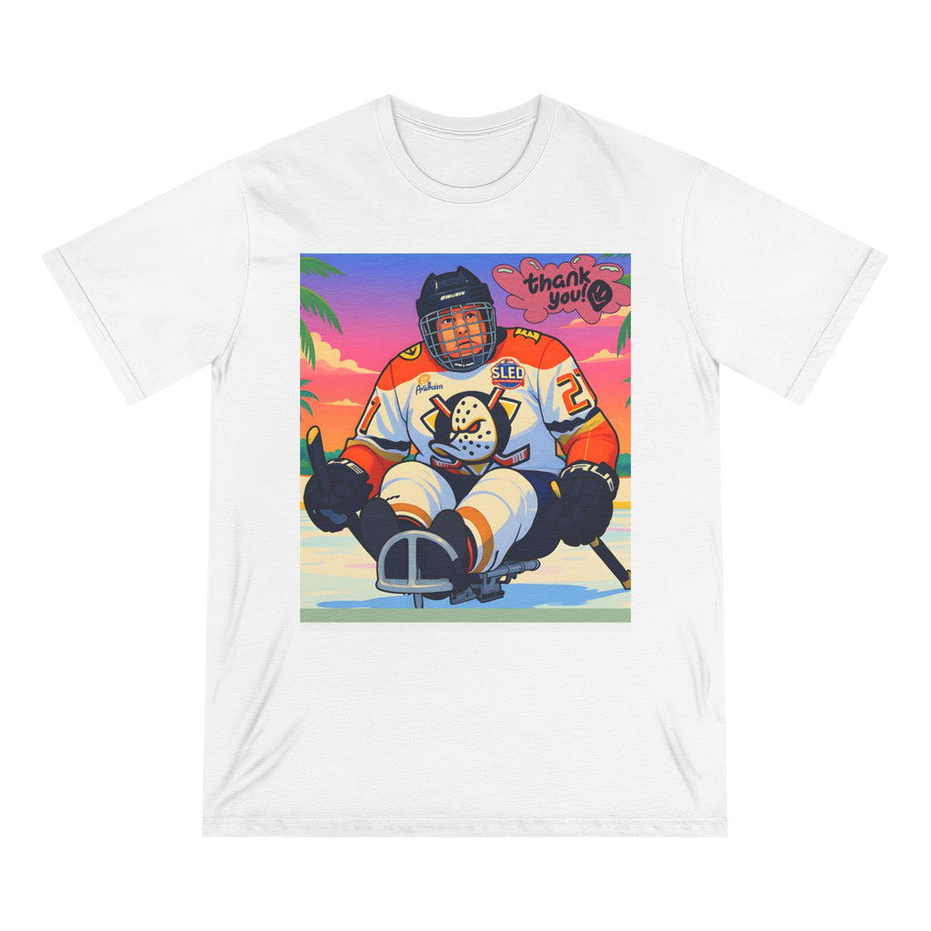 Hockey Sled Player Graphic T-Shirt — "Thank You" Retro Beach Vibe
