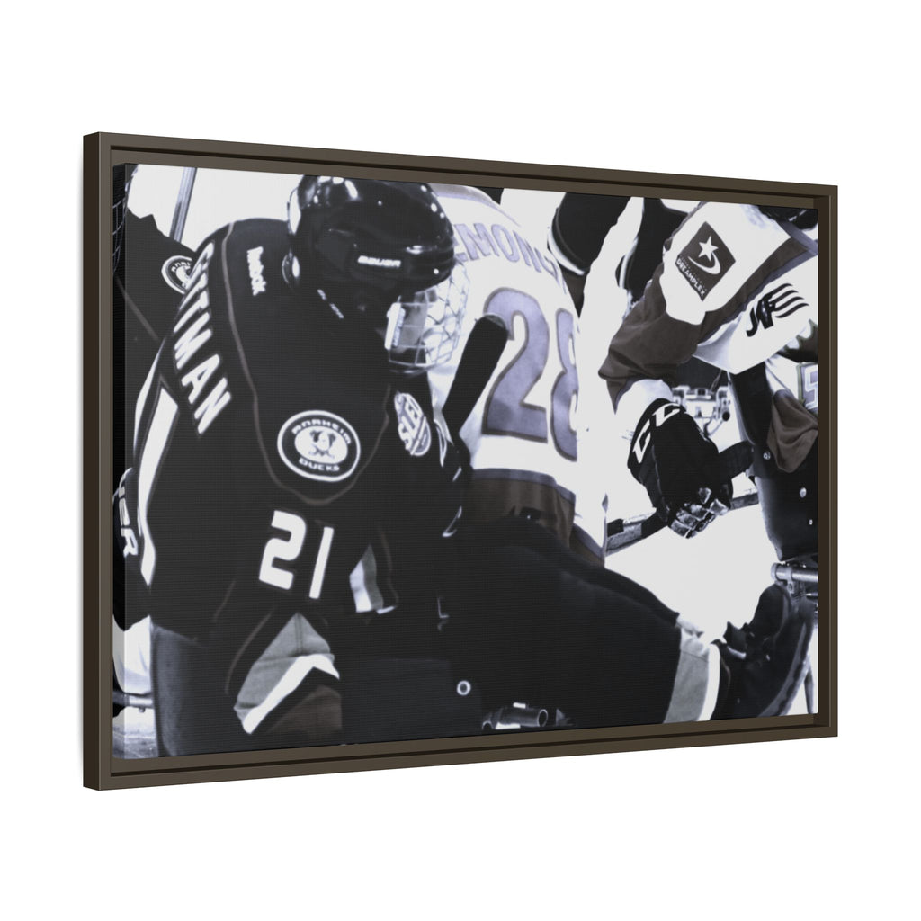 Framed Hockey Action Matte Canvas Print — Black & White Sports Wall Art