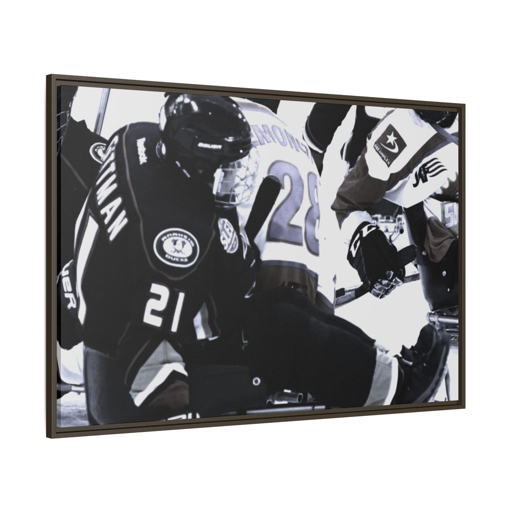Framed Hockey Action Matte Canvas Print — Black & White Sports Wall Art