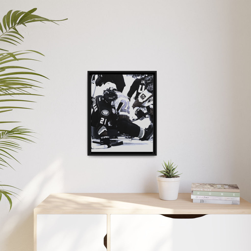 Framed Hockey Action Matte Canvas Print — Black & White Sports Wall Art