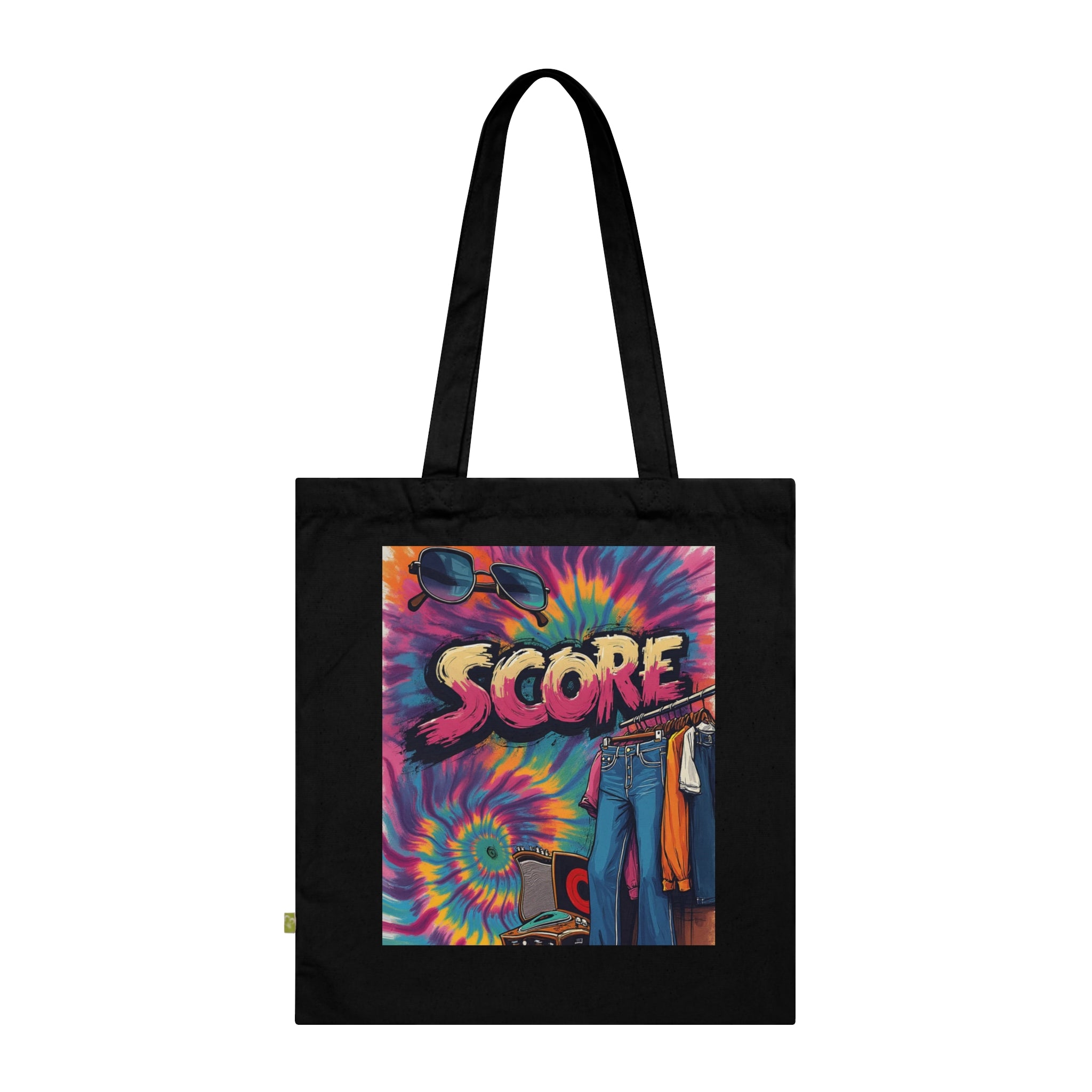 Score Tie-Dye Tote Bag — Retro 70s Skateboard Graphic Organic Cotton Tote