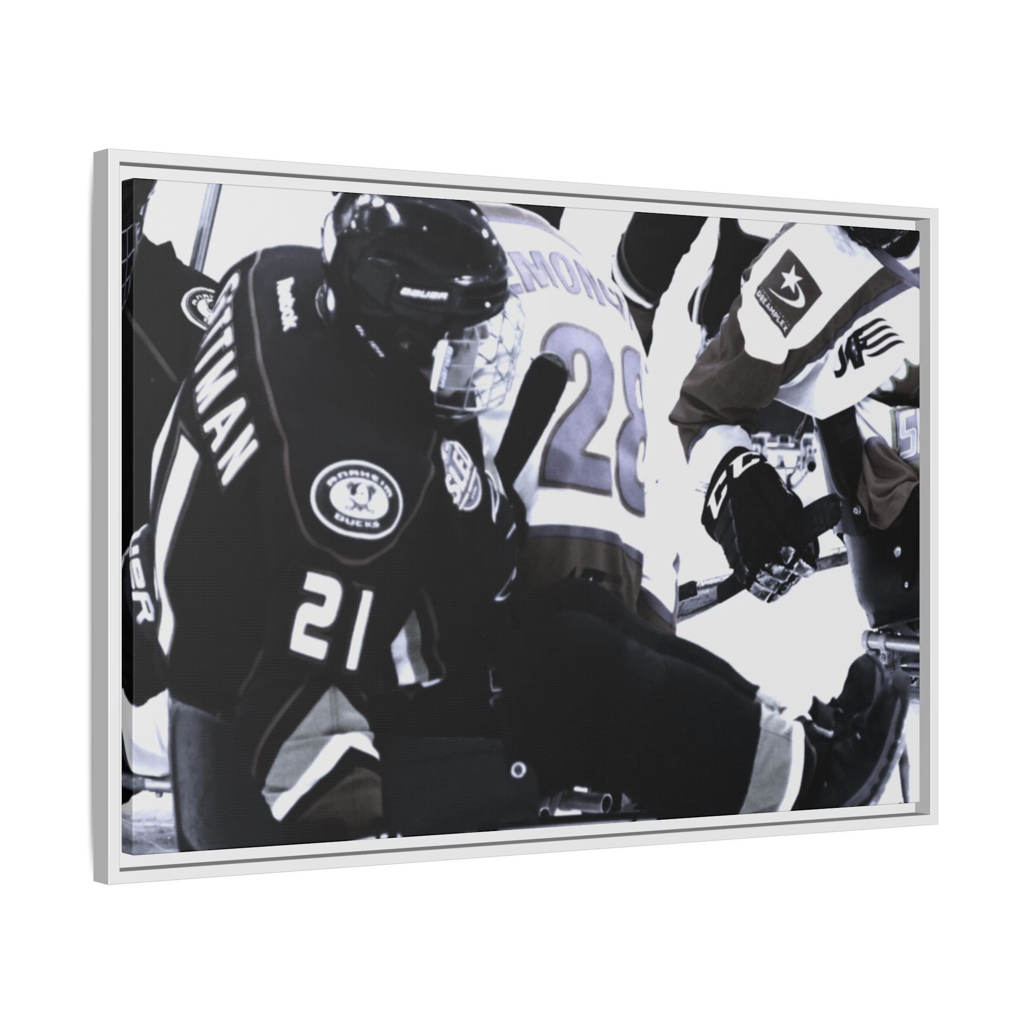 Framed Hockey Action Matte Canvas Print — Black & White Sports Wall Art