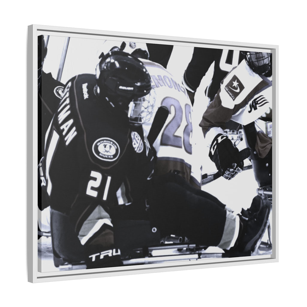 Framed Hockey Action Matte Canvas Print — Black & White Sports Wall Art
