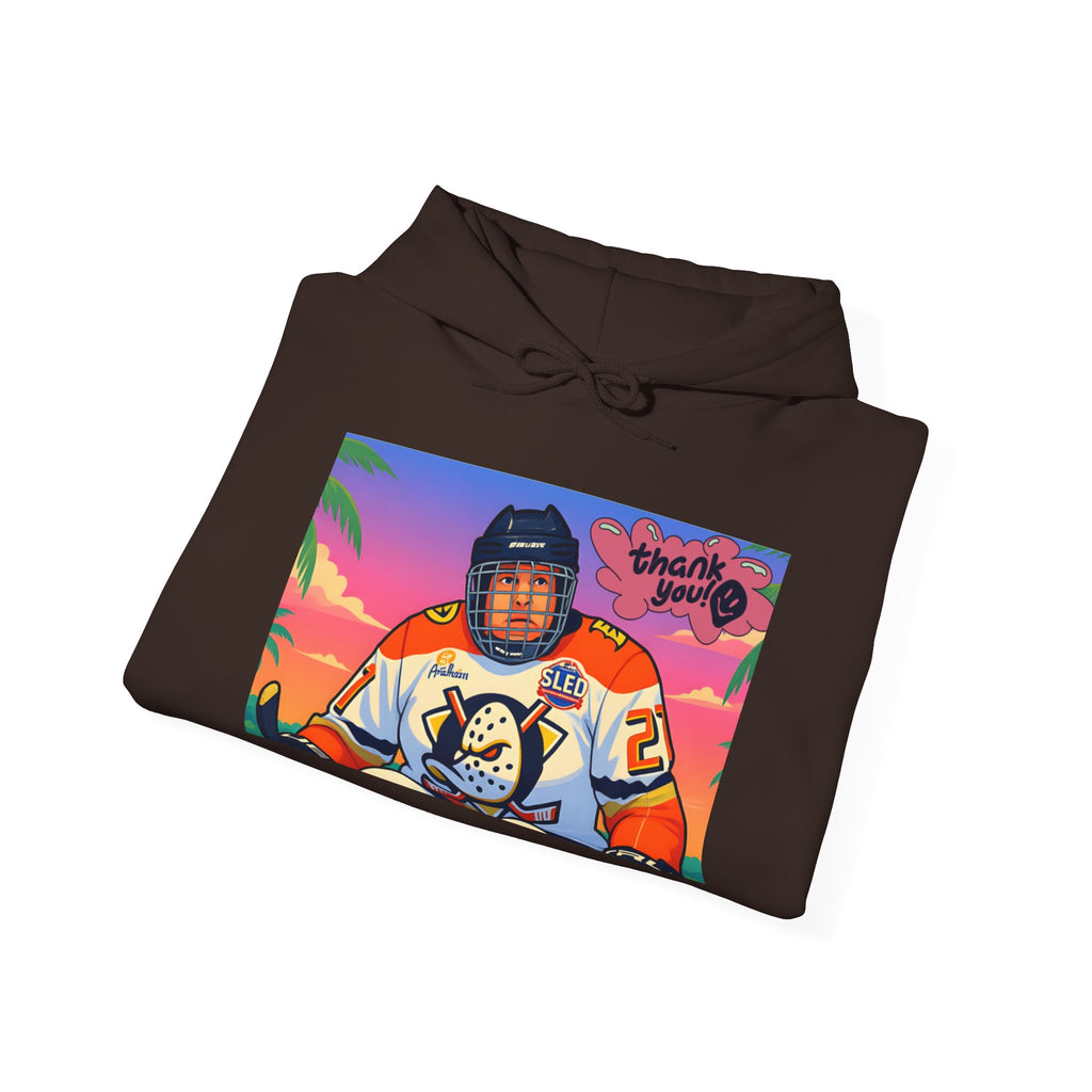Hockey Player Retro Sunset Hoodie — Vintage Anaheim Skate Jersey Graphic