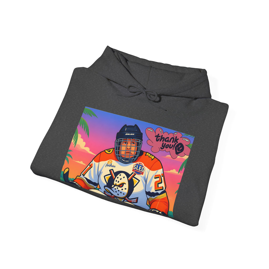 Hockey Player Retro Sunset Hoodie — Vintage Anaheim Skate Jersey Graphic