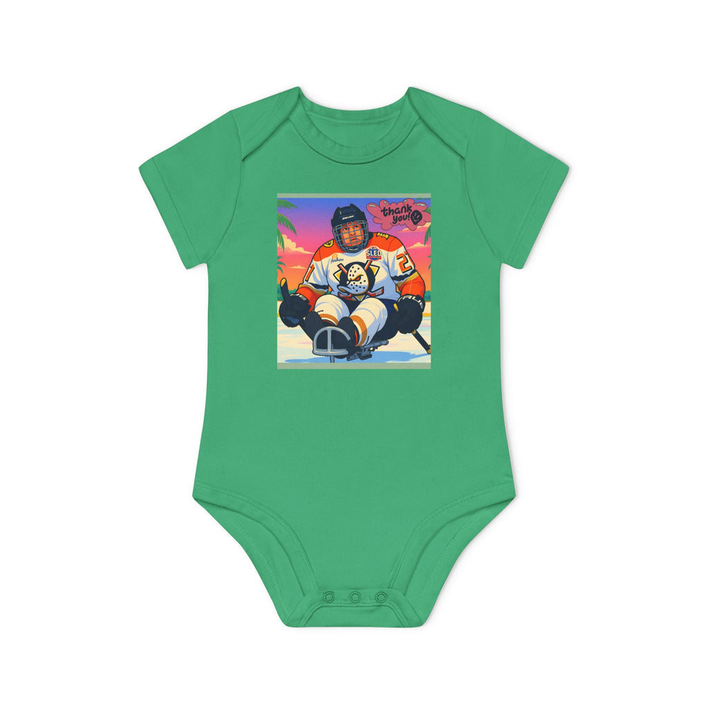 Hockey Baby Bodysuit — Cute Retro Goalie Graphic Organic Short Sleeve