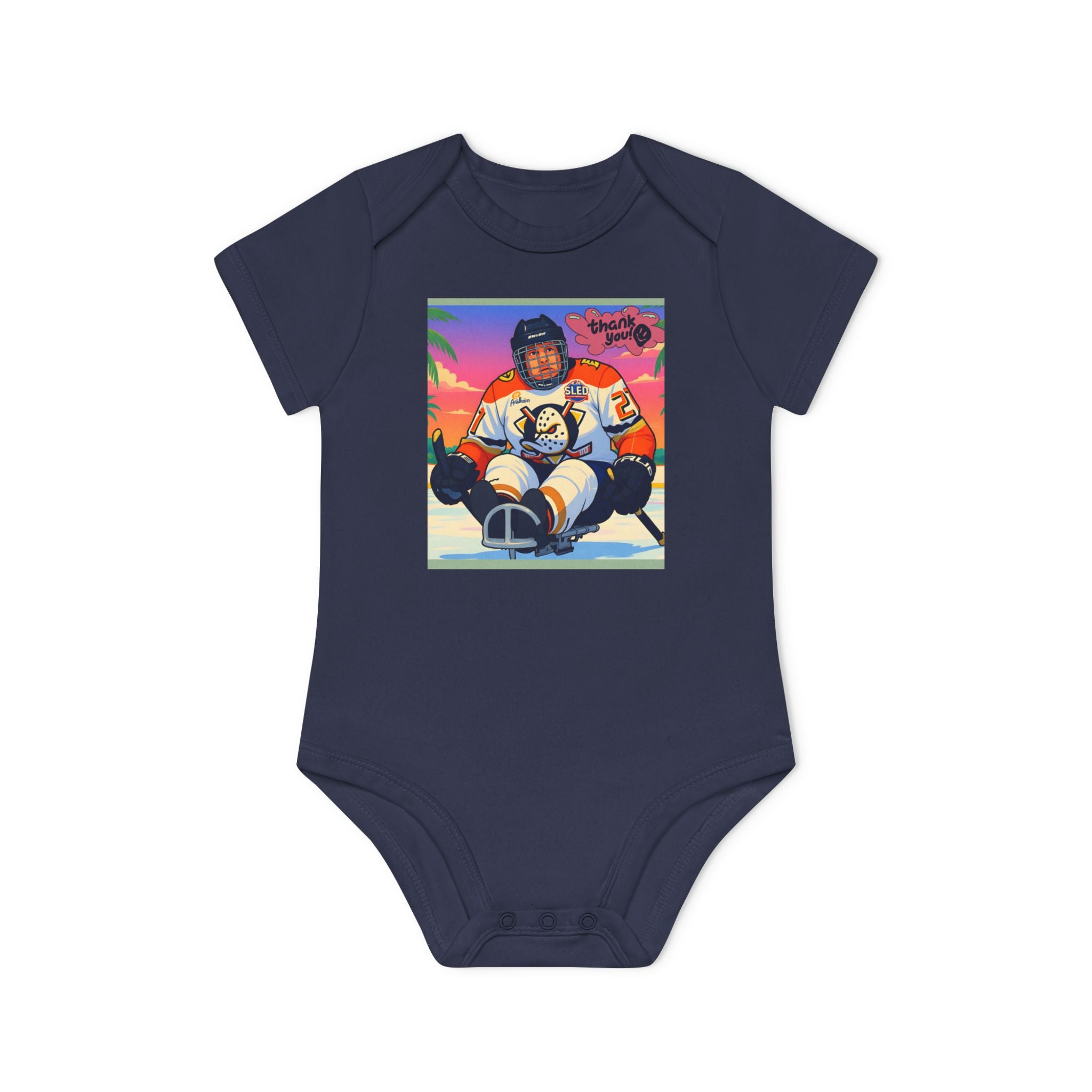 Hockey Baby Bodysuit — Cute Retro Goalie Graphic Organic Short Sleeve
