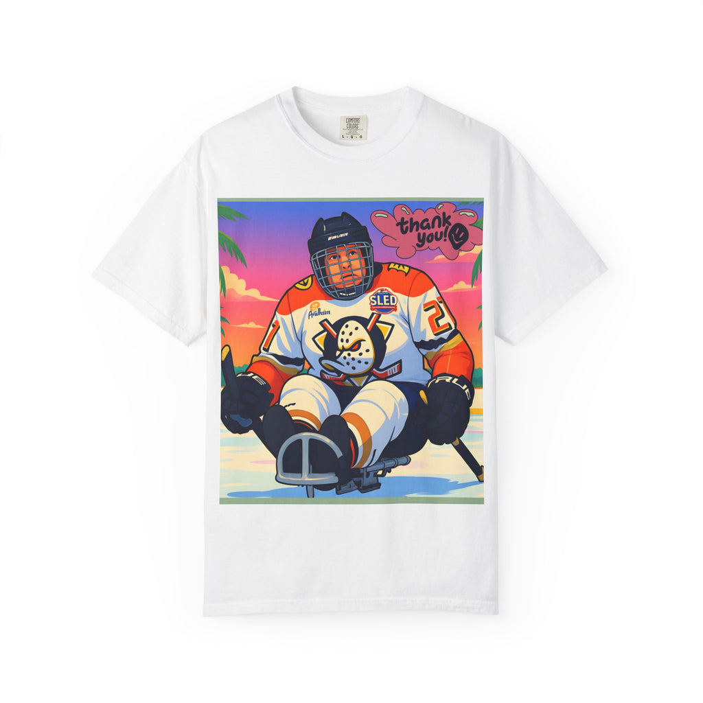 Hockey Tropics T‑Shirt — Sled Hockey Player with "Thank You" Graphic