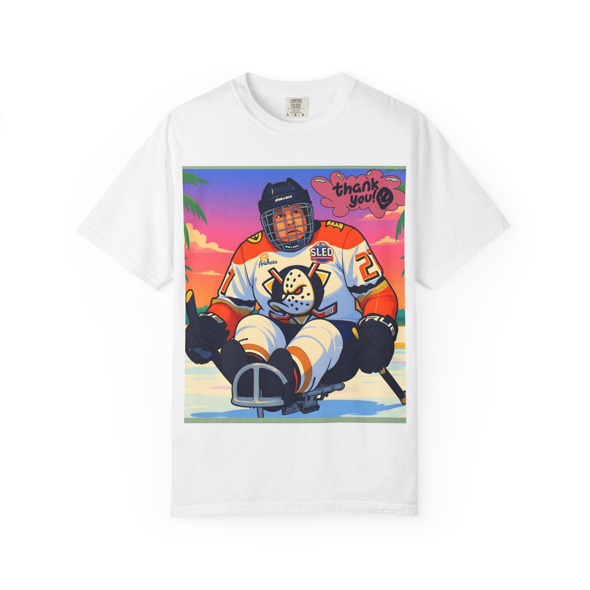 Hockey Tropics T‑Shirt — Sled Hockey Player with "Thank You" Graphic