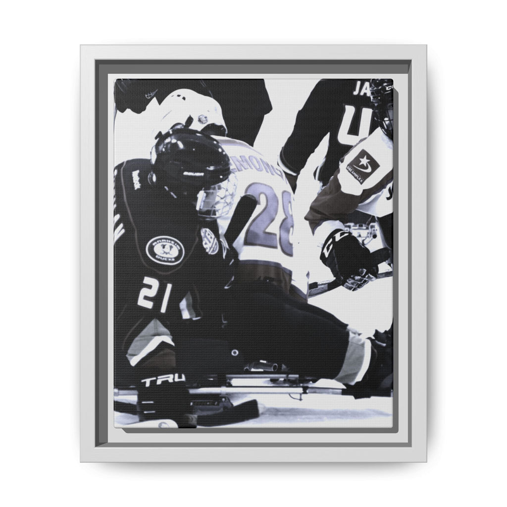 Framed Hockey Action Matte Canvas Print — Black & White Sports Wall Art