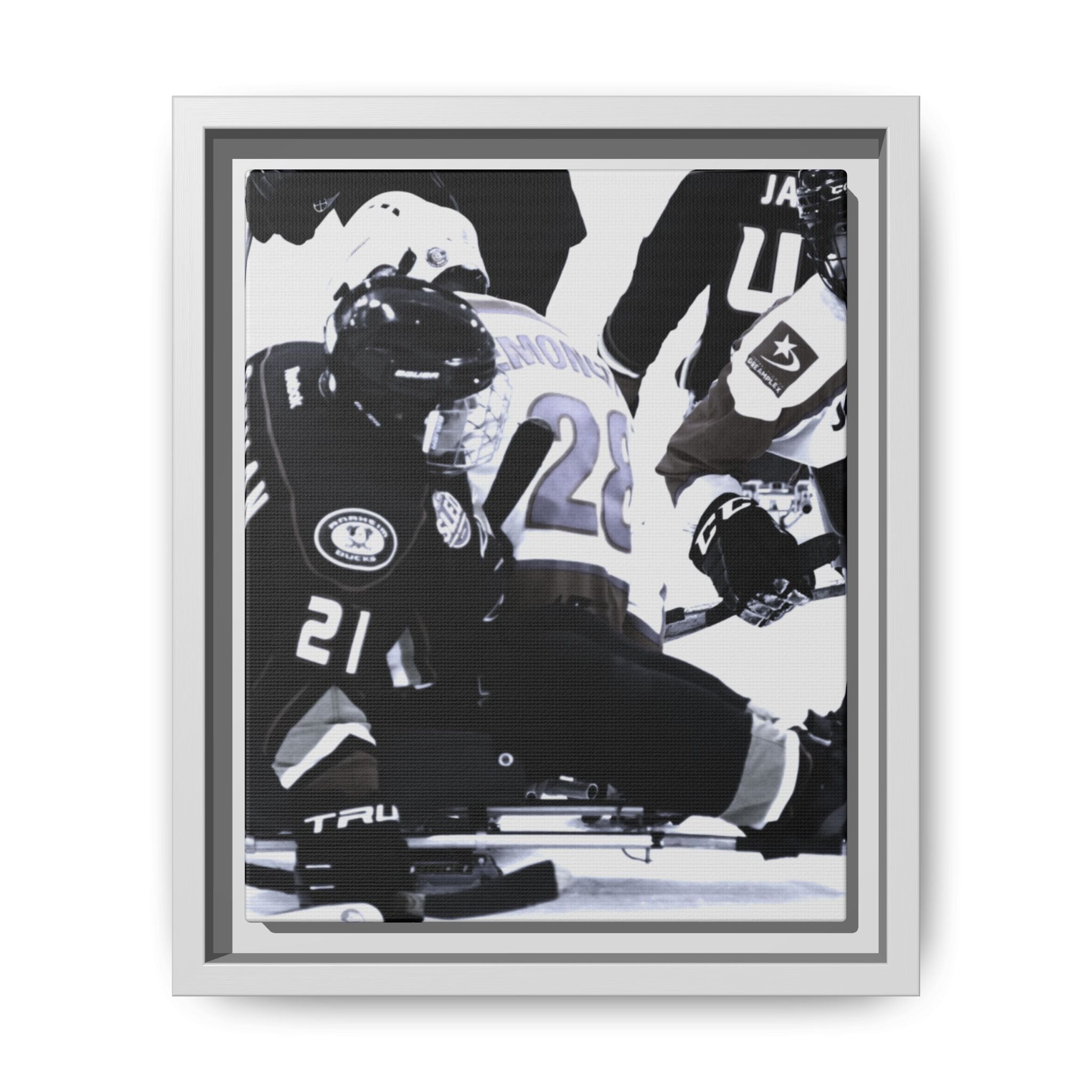 Framed Hockey Action Matte Canvas Print — Black & White Sports Wall Art