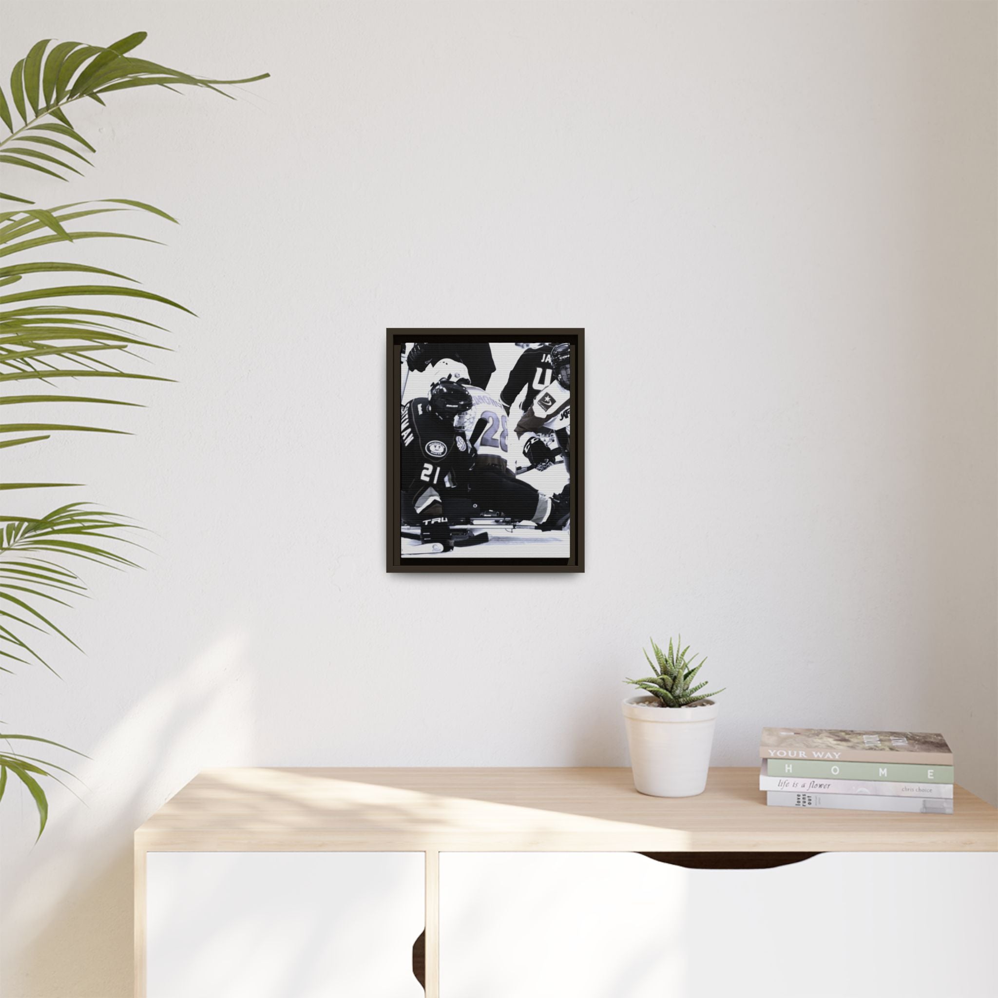 Framed Hockey Action Matte Canvas Print — Black & White Sports Wall Art