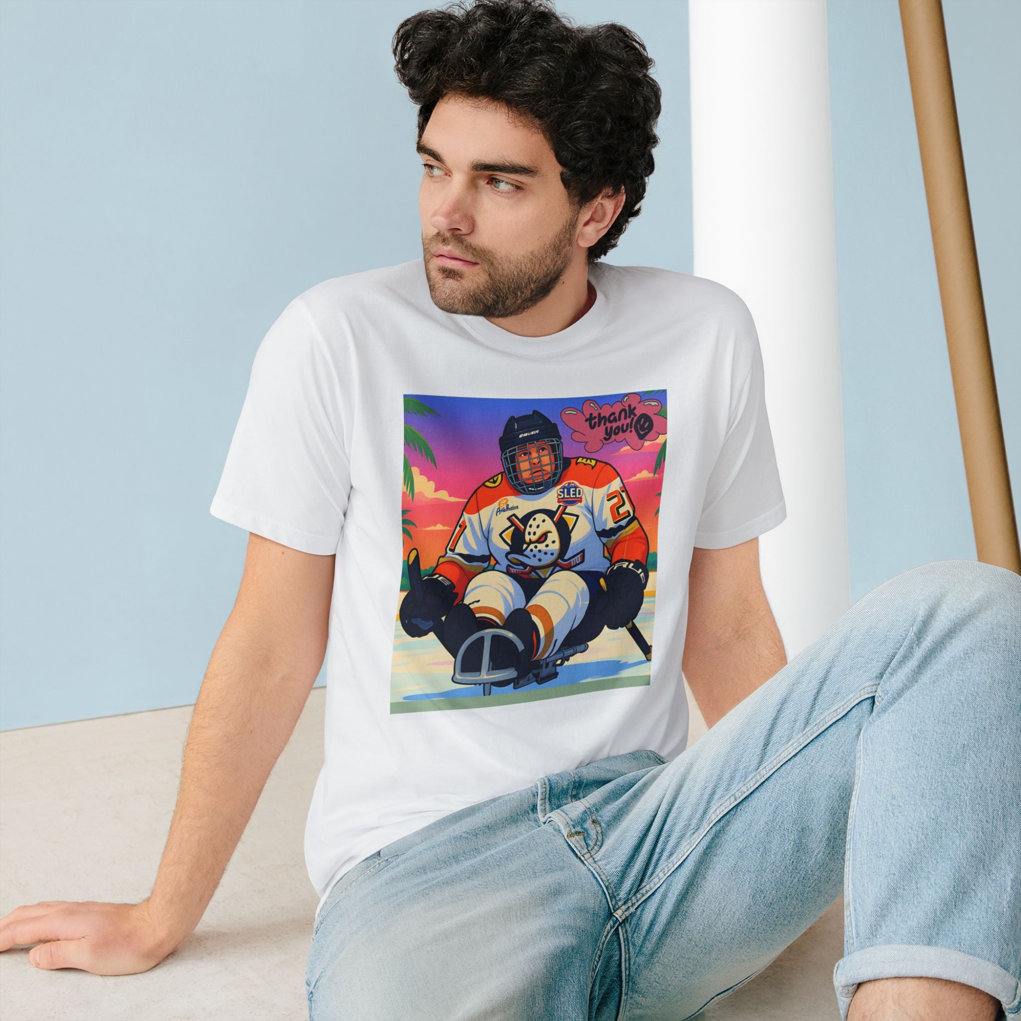 Hockey Sled Player Graphic T-Shirt — "Thank You" Retro Beach Vibe