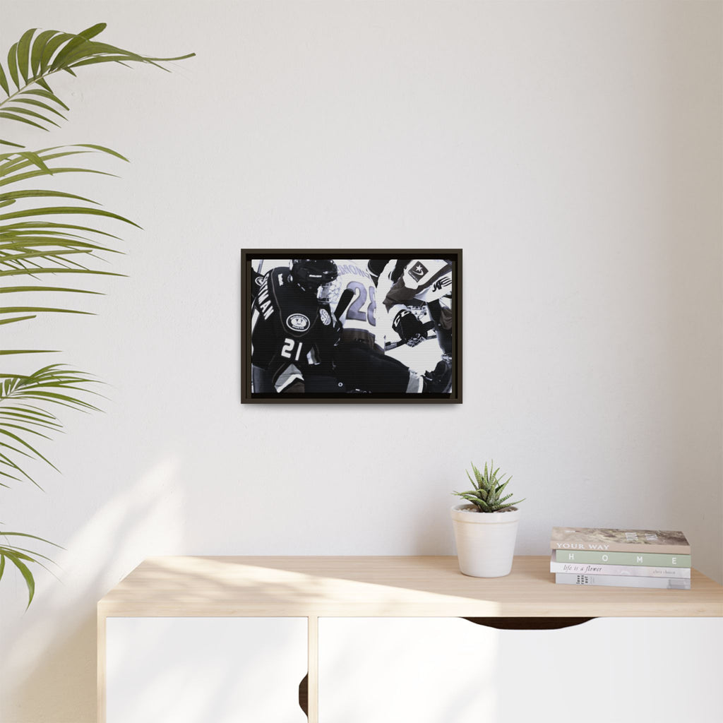 Framed Hockey Action Matte Canvas Print — Black & White Sports Wall Art