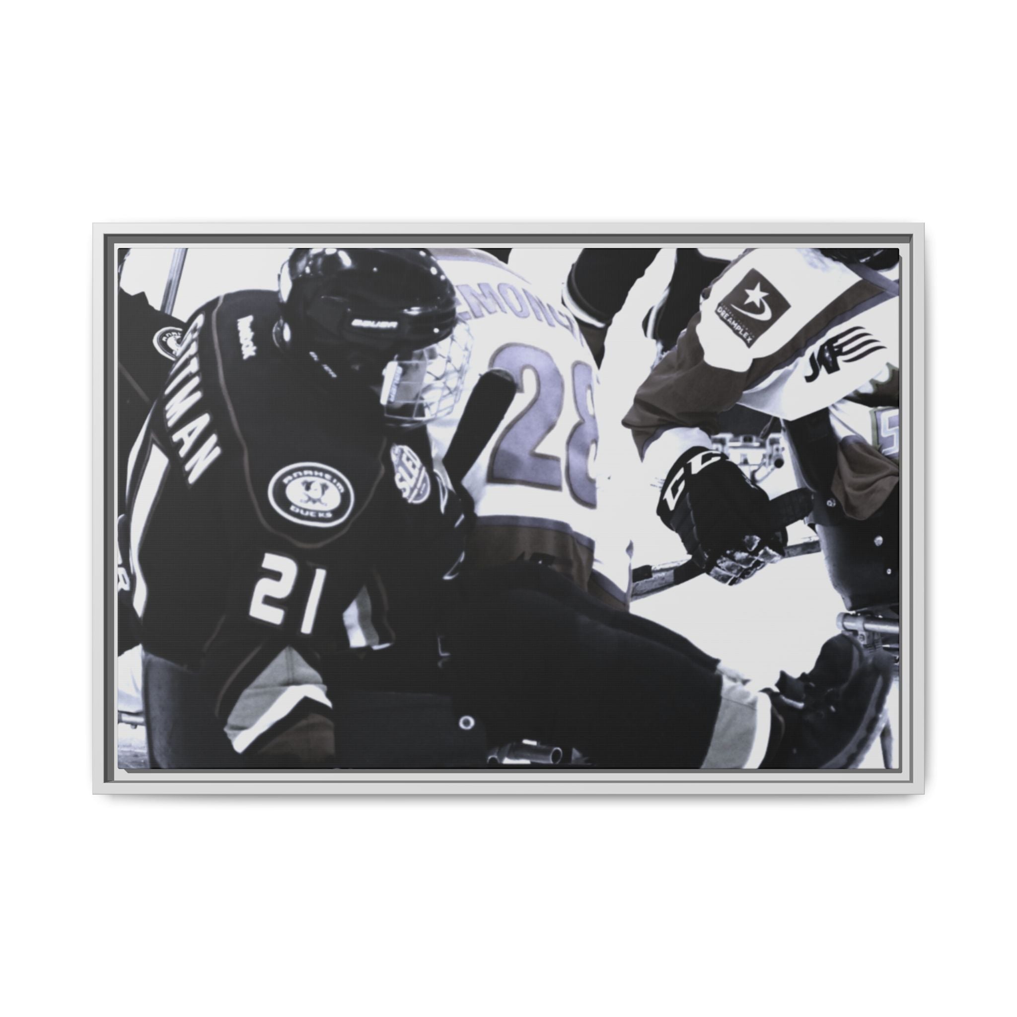 Framed Hockey Action Matte Canvas Print — Black & White Sports Wall Art