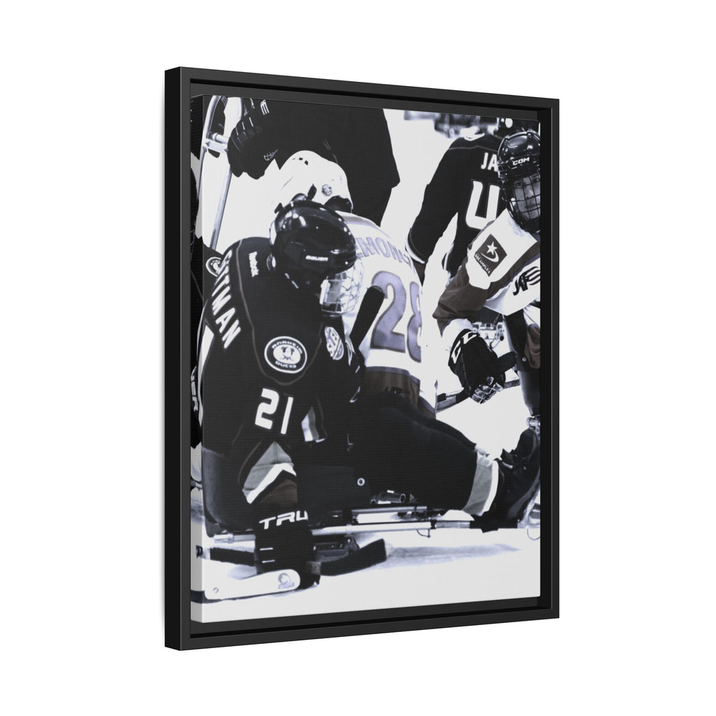 Framed Hockey Action Matte Canvas Print — Black & White Sports Wall Art