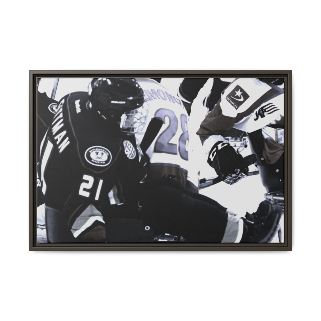 Framed Hockey Action Matte Canvas Print — Black & White Sports Wall Art