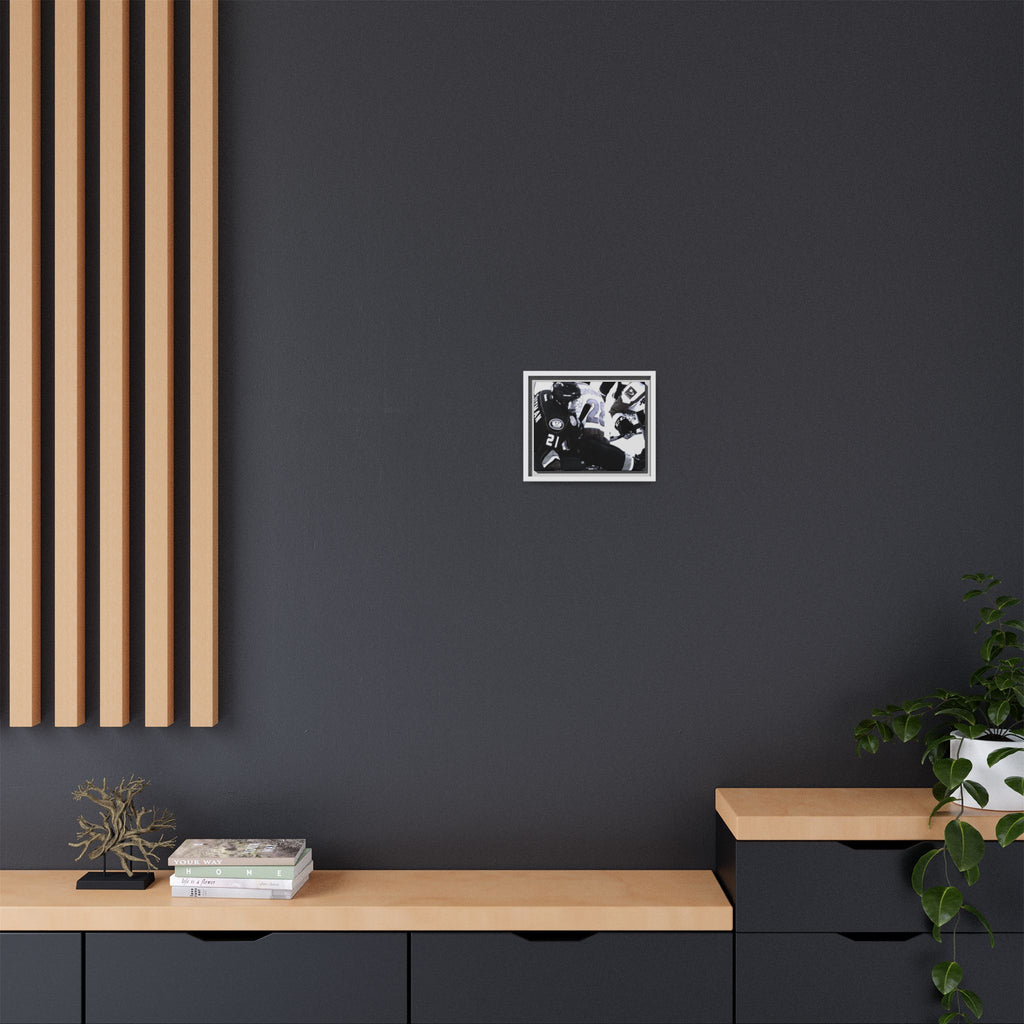 Framed Hockey Action Matte Canvas Print — Black & White Sports Wall Art