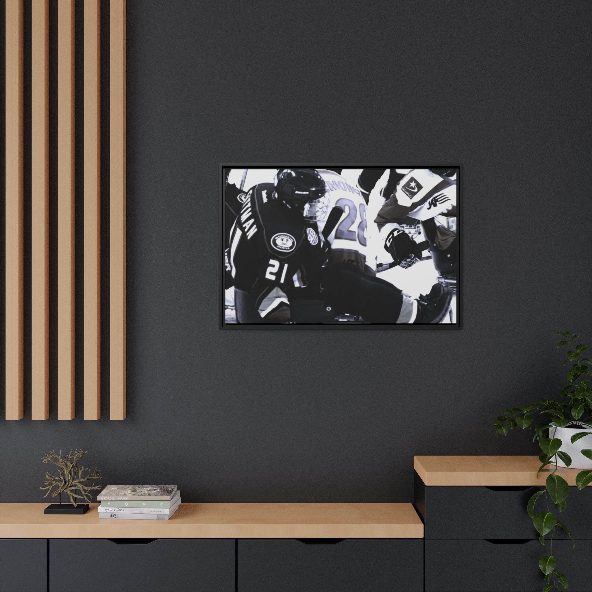 Framed Hockey Action Matte Canvas Print — Black & White Sports Wall Art