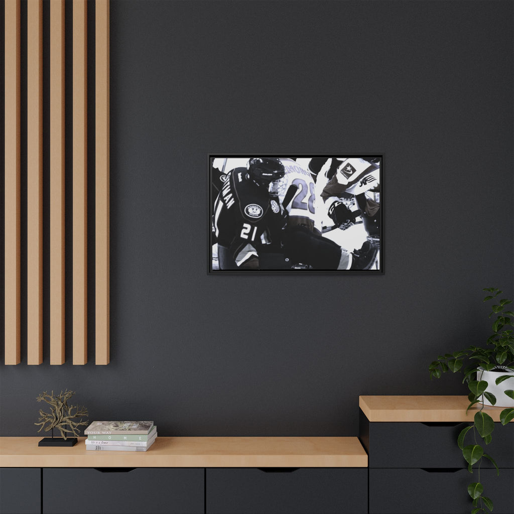 Framed Hockey Action Matte Canvas Print — Black & White Sports Wall Art