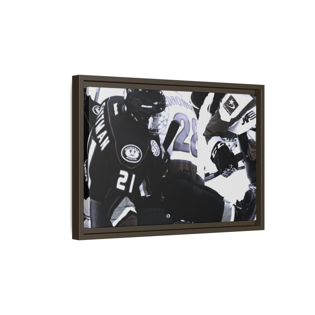 Framed Hockey Action Matte Canvas Print — Black & White Sports Wall Art