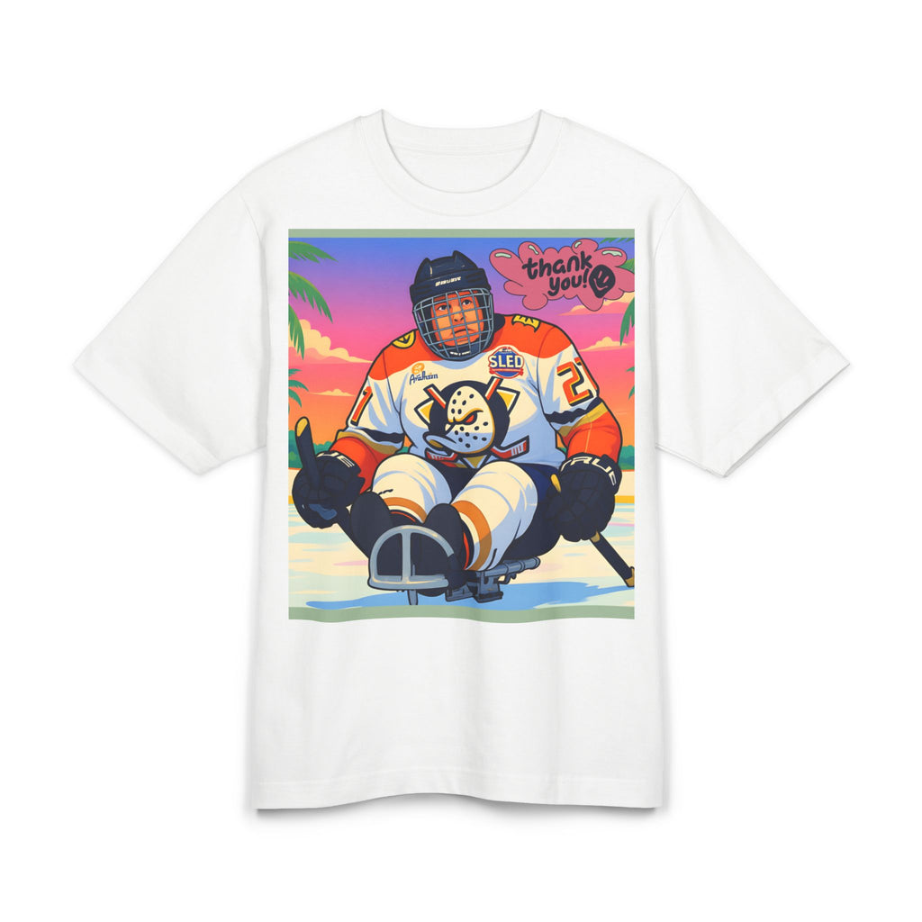 Hockey Sled Player Graphic Tee — 'Thank You' Retro Sunset Design