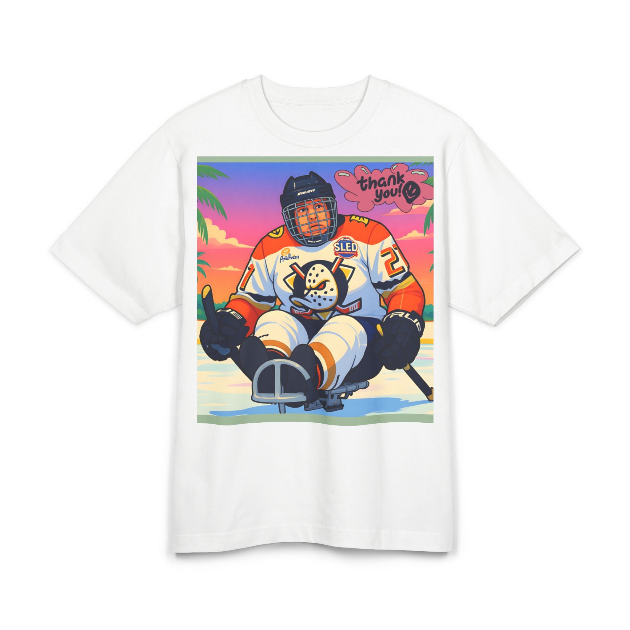 Hockey Sled Player Graphic Tee — 'Thank You' Retro Sunset Design