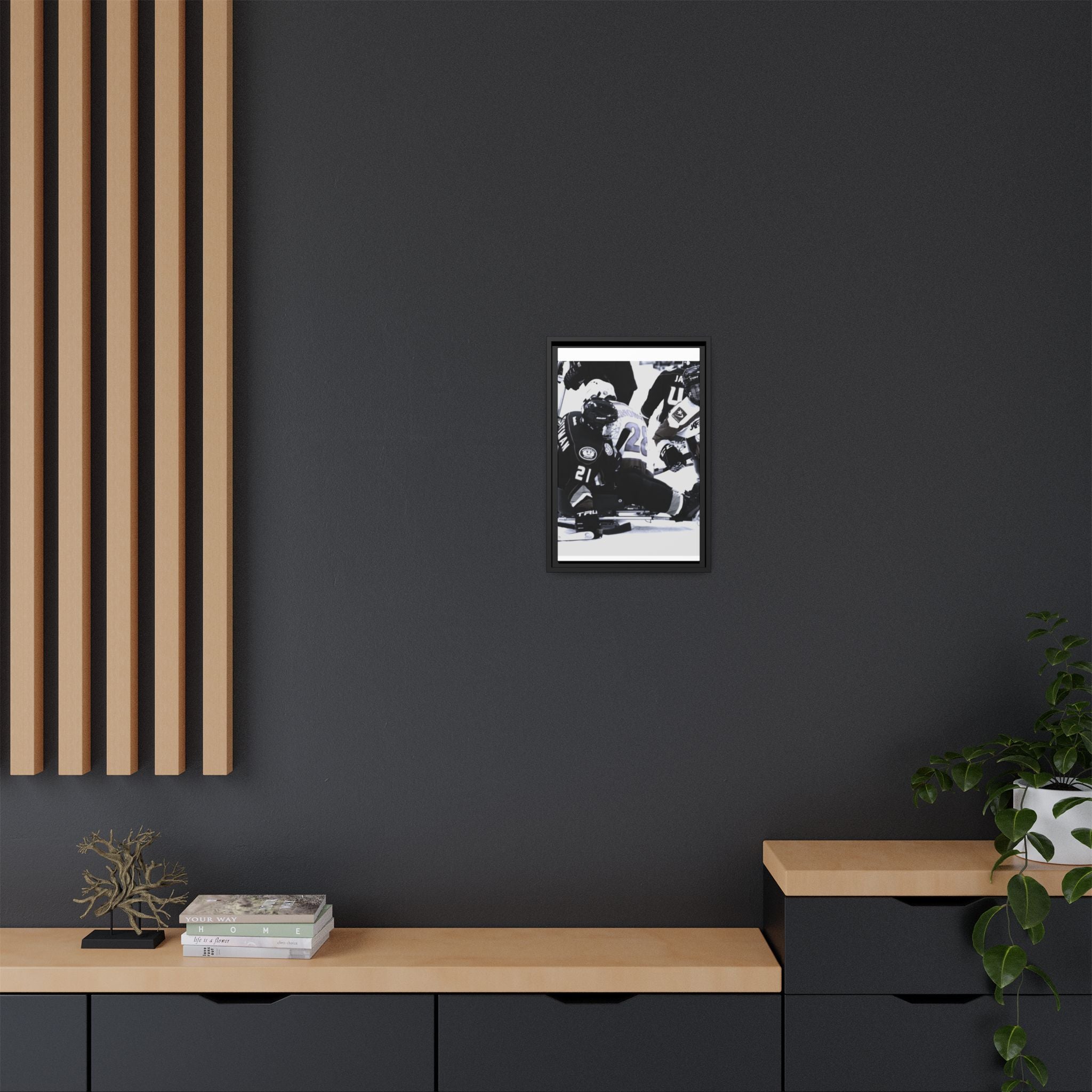 Framed Hockey Action Matte Canvas Print — Black & White Sports Wall Art