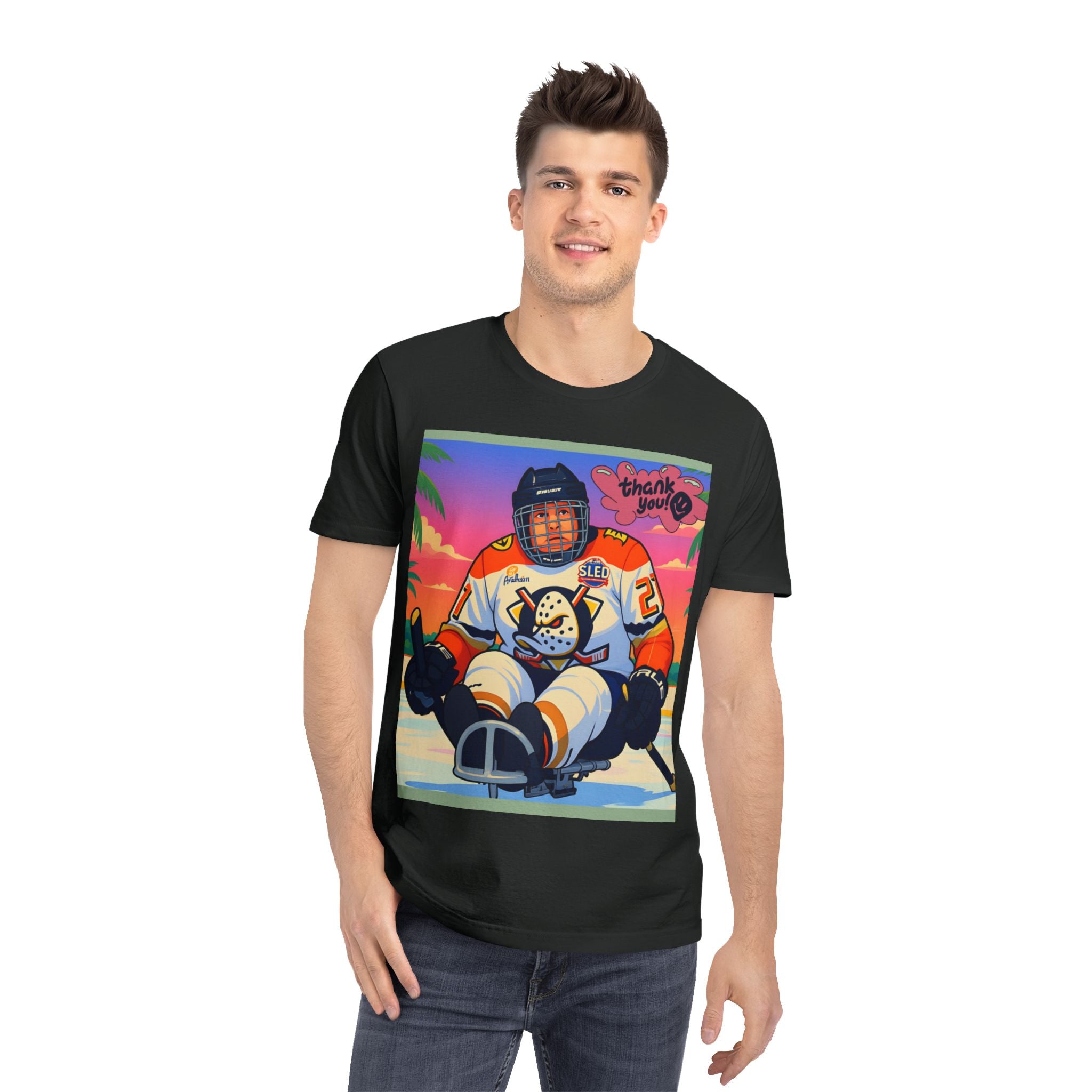 Hockey Sled Player Graphic T-Shirt — "Thank You" Retro Beach Vibe