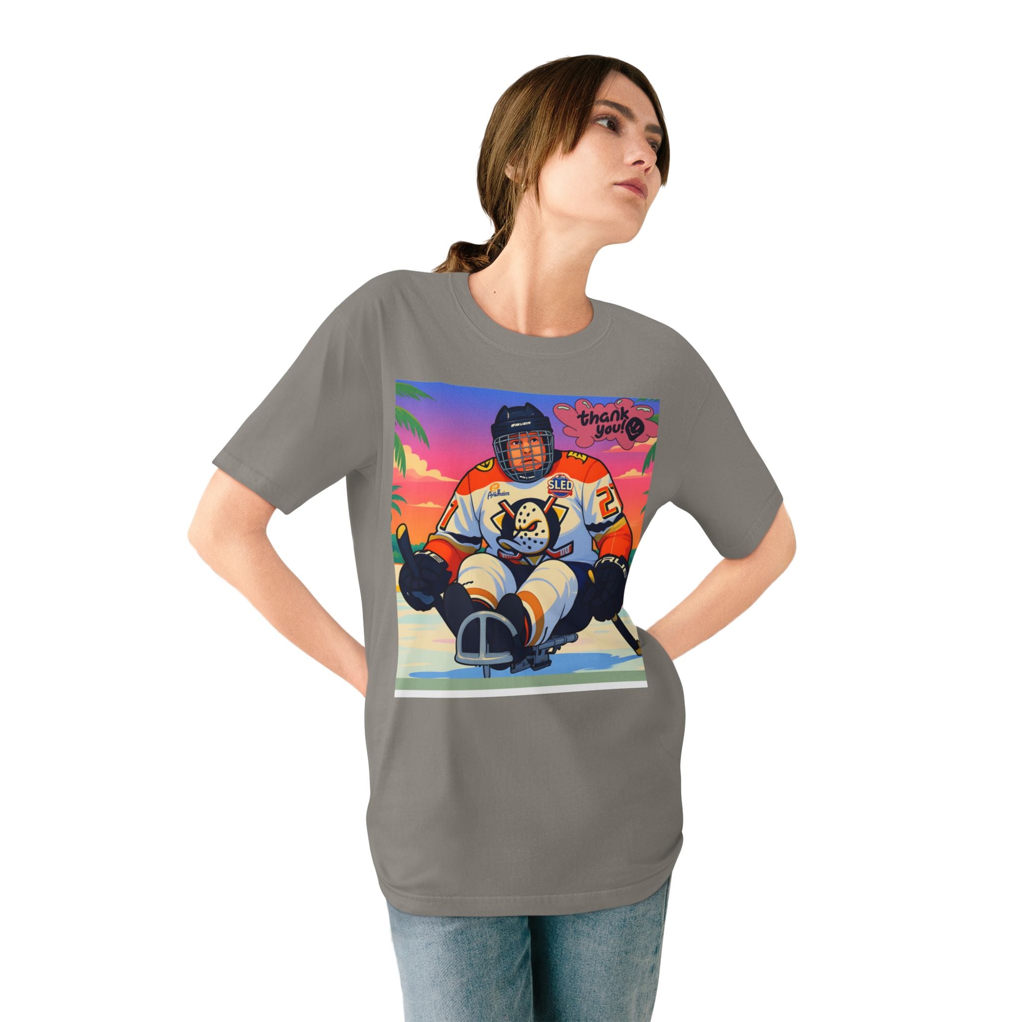 Hockey Sled Player Graphic T-Shirt — "Thank You" Retro Beach Vibe