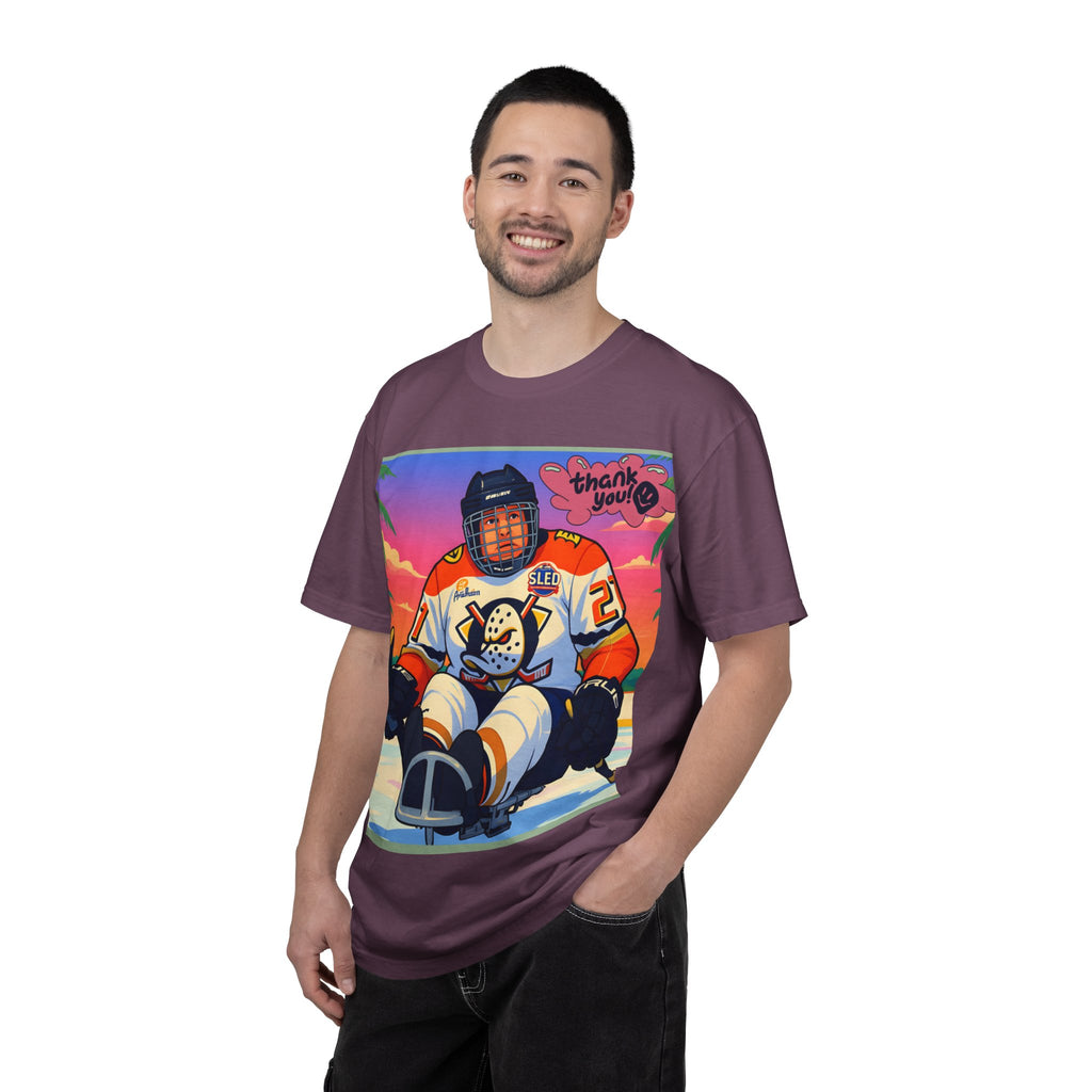 Hockey Tropics T‑Shirt — Sled Hockey Player with "Thank You" Graphic