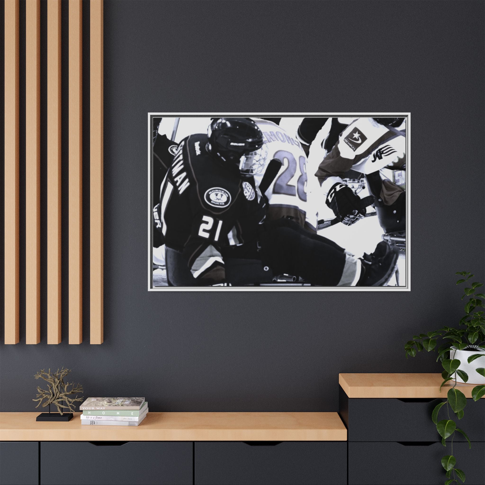 Framed Hockey Action Matte Canvas Print — Black & White Sports Wall Art