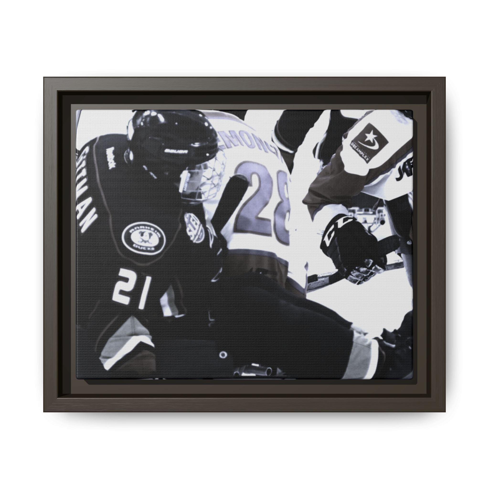 Framed Hockey Action Matte Canvas Print — Black & White Sports Wall Art