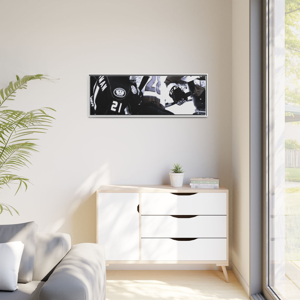 Framed Hockey Action Matte Canvas Print — Black & White Sports Wall Art