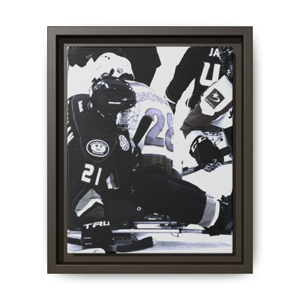 Framed Hockey Action Matte Canvas Print — Black & White Sports Wall Art