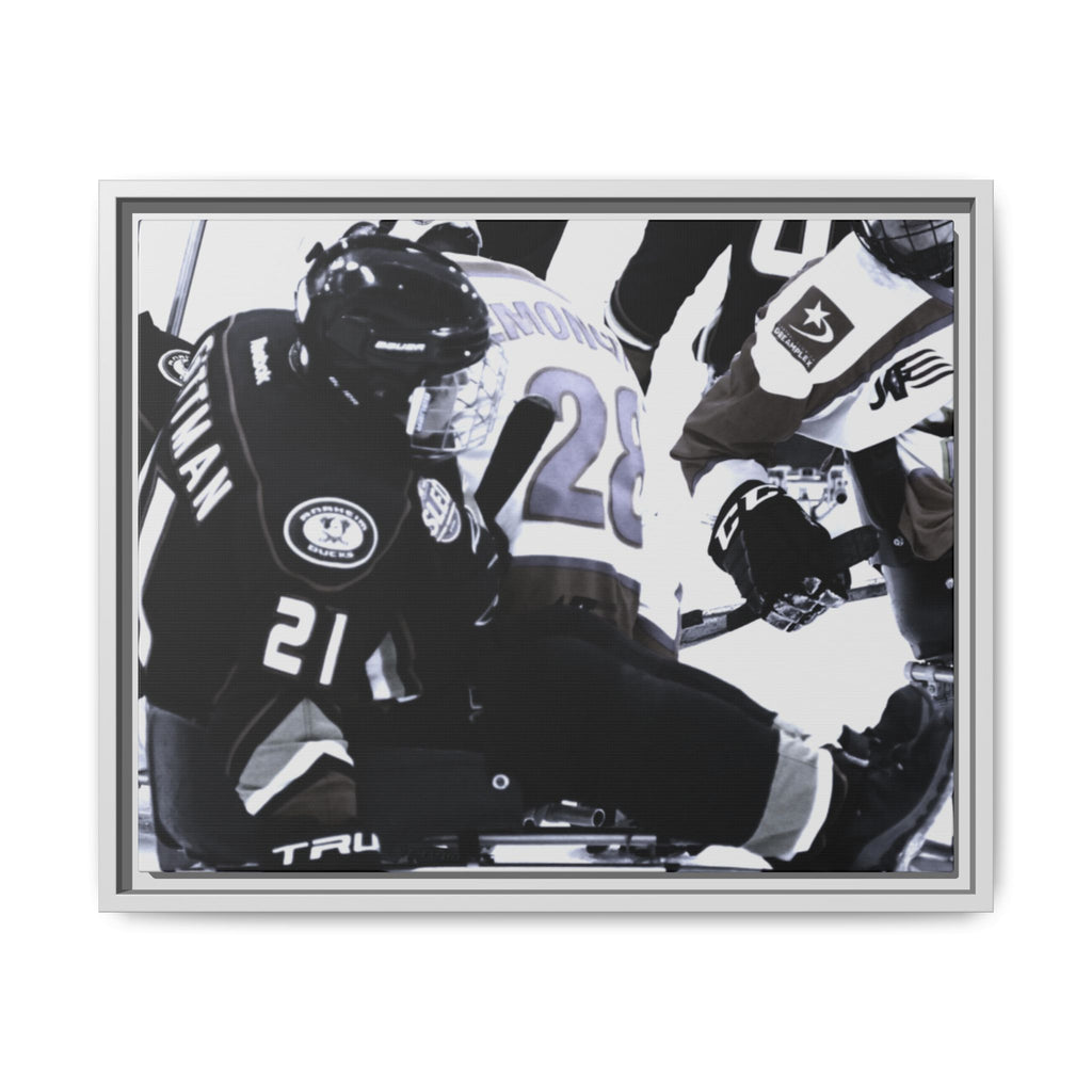 Framed Hockey Action Matte Canvas Print — Black & White Sports Wall Art