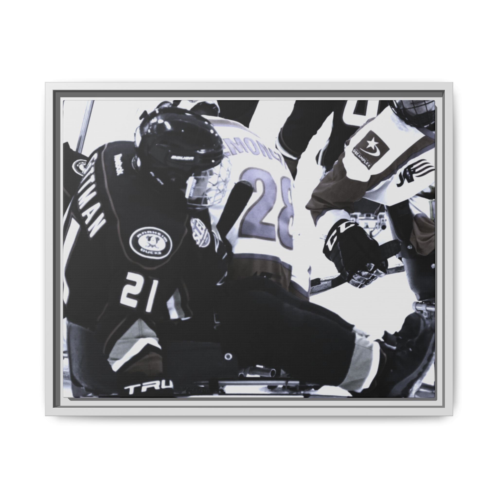 Framed Hockey Action Matte Canvas Print — Black & White Sports Wall Art