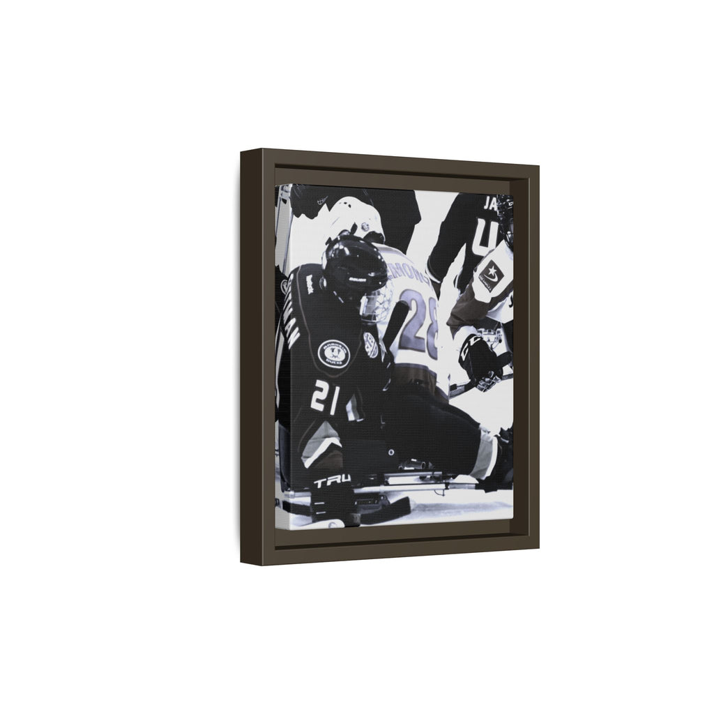 Framed Hockey Action Matte Canvas Print — Black & White Sports Wall Art