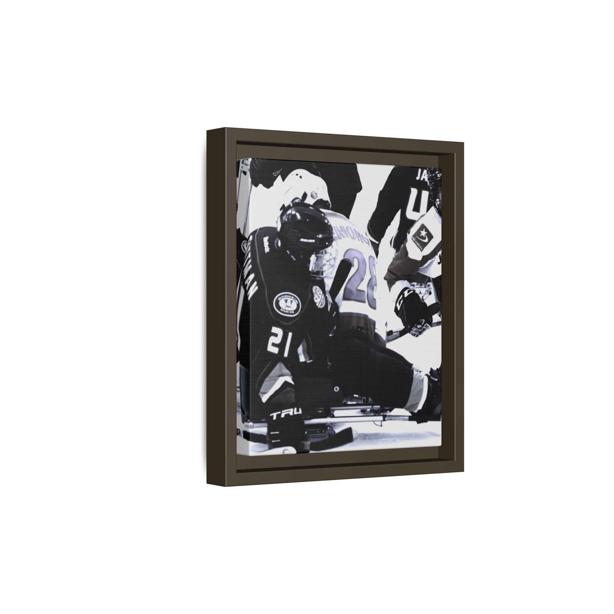 Framed Hockey Action Matte Canvas Print — Black & White Sports Wall Art