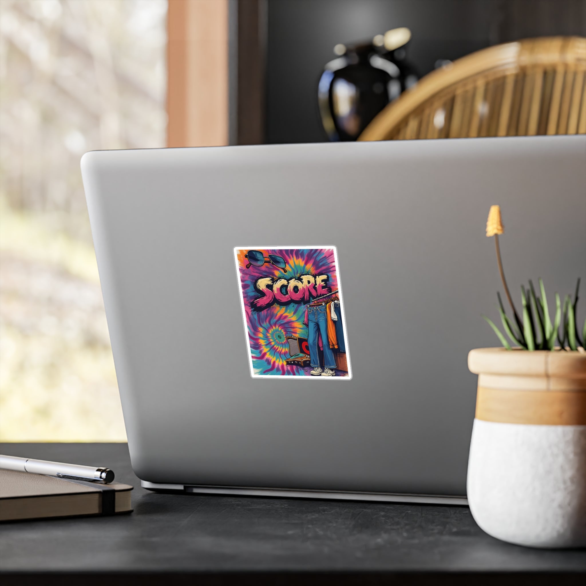 Score Tie-Dye Vinyl Sticker — Retro 70s Jeans & Sunglasses Kiss-Cut Decal