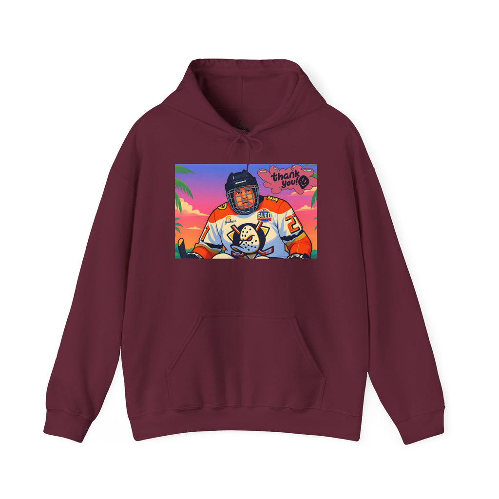 Hockey Player Retro Sunset Hoodie — Vintage Anaheim Skate Jersey Graphic