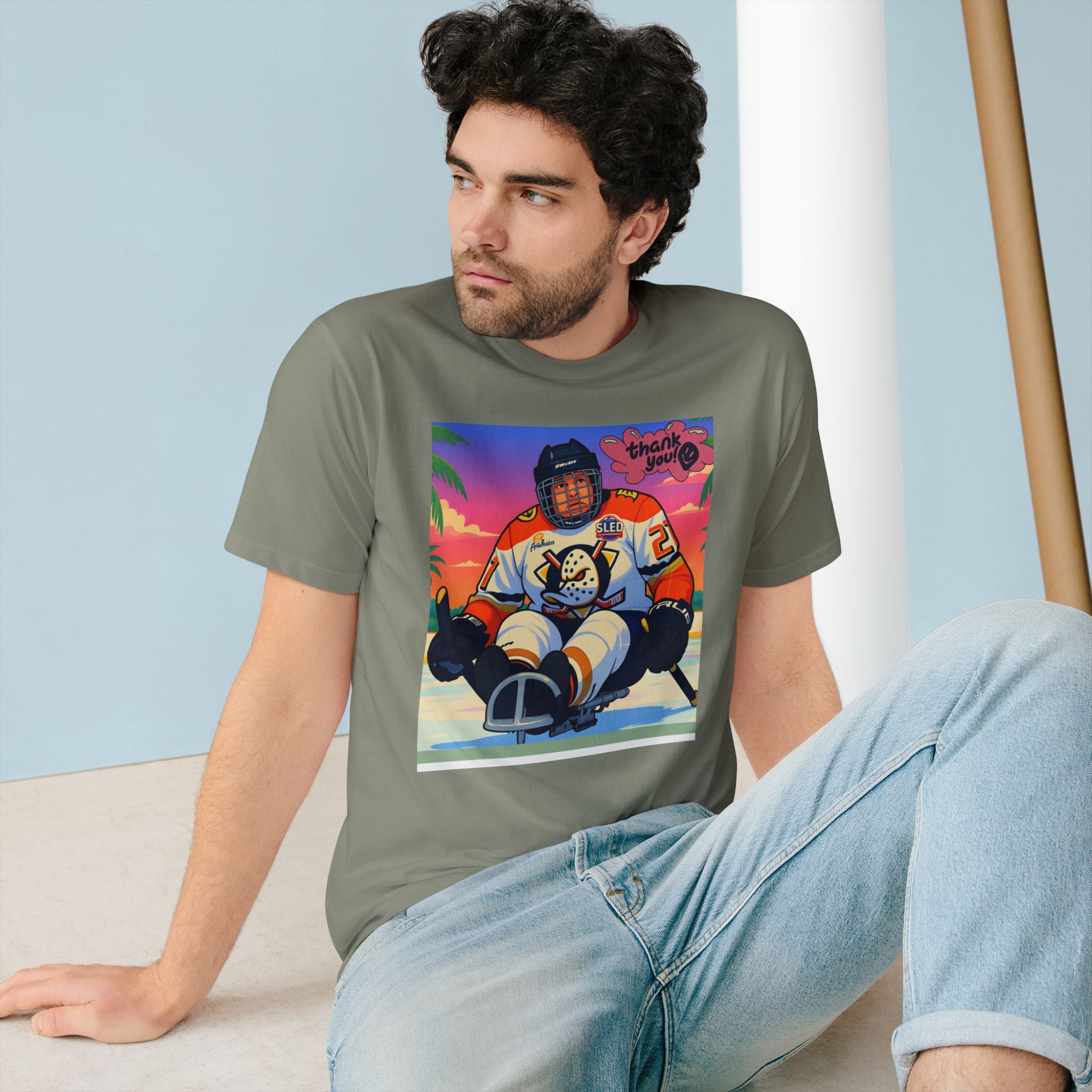 Hockey Sled Player Graphic T-Shirt — "Thank You" Retro Beach Vibe