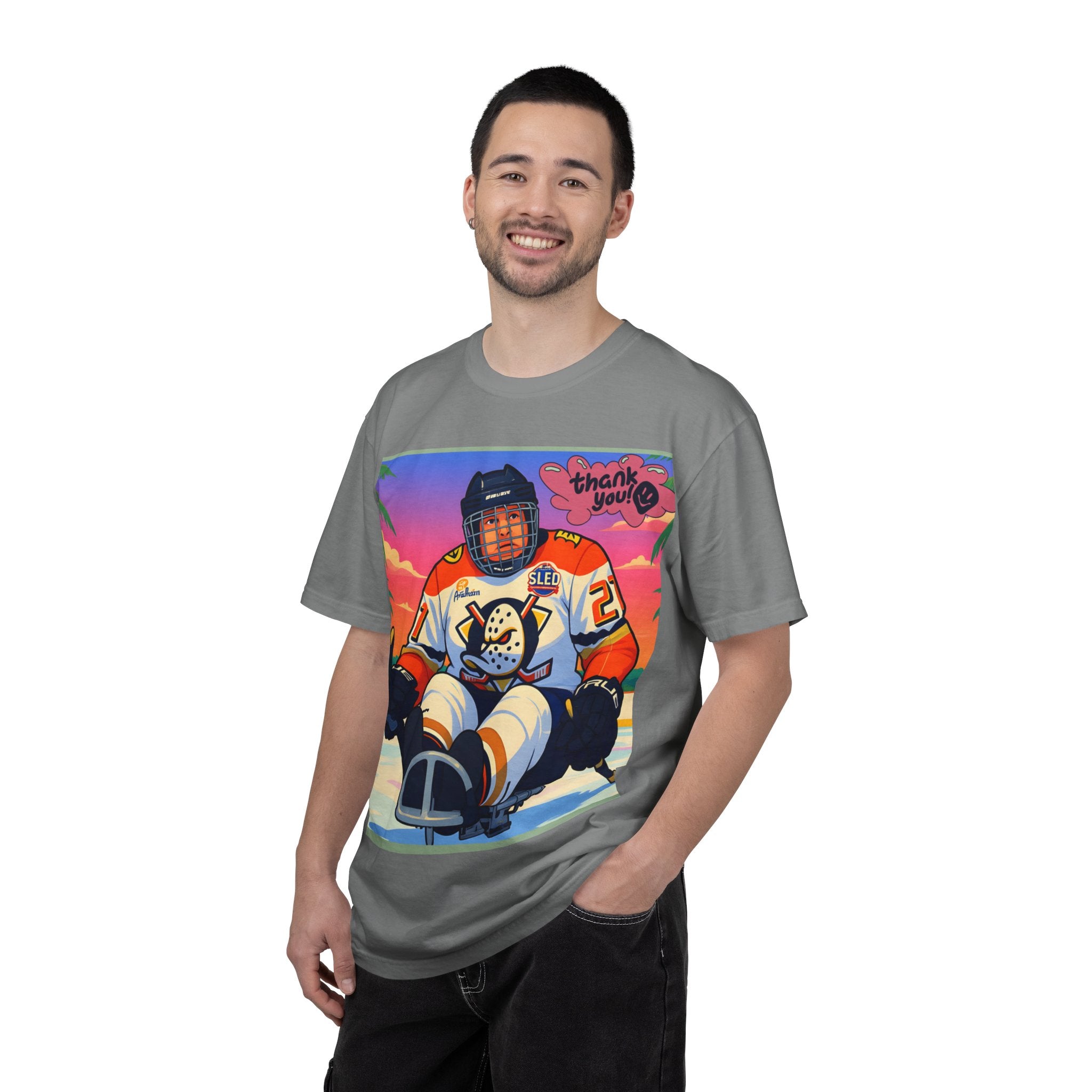 Hockey Tropics T‑Shirt — Sled Hockey Player with "Thank You" Graphic