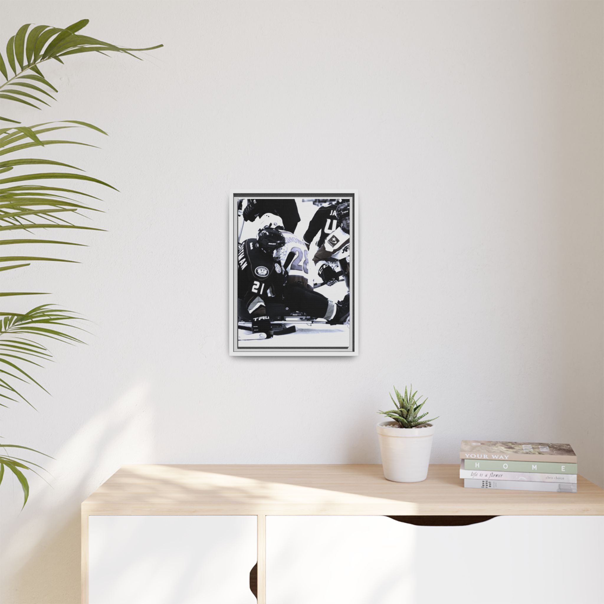 Framed Hockey Action Matte Canvas Print — Black & White Sports Wall Art