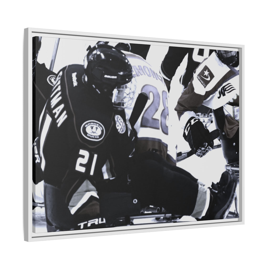 Framed Hockey Action Matte Canvas Print — Black & White Sports Wall Art