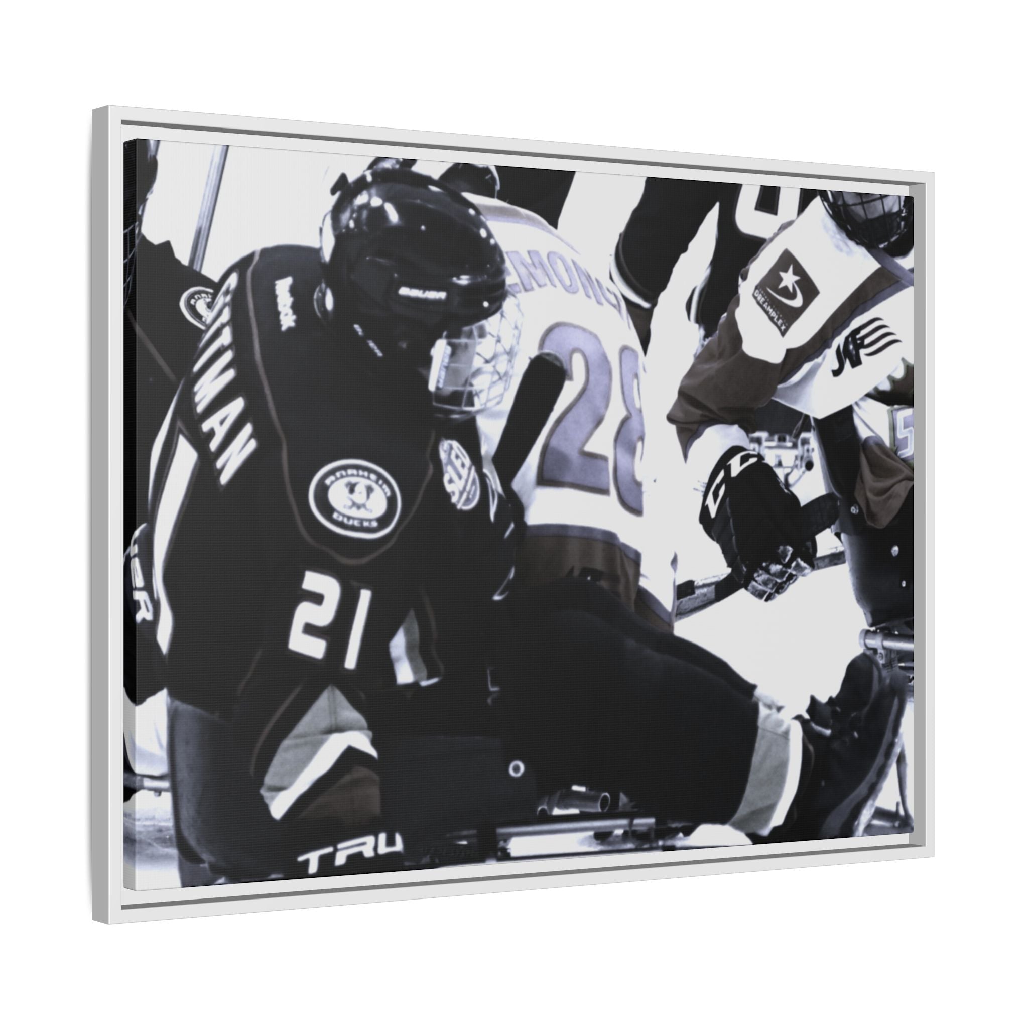 Framed Hockey Action Matte Canvas Print — Black & White Sports Wall Art