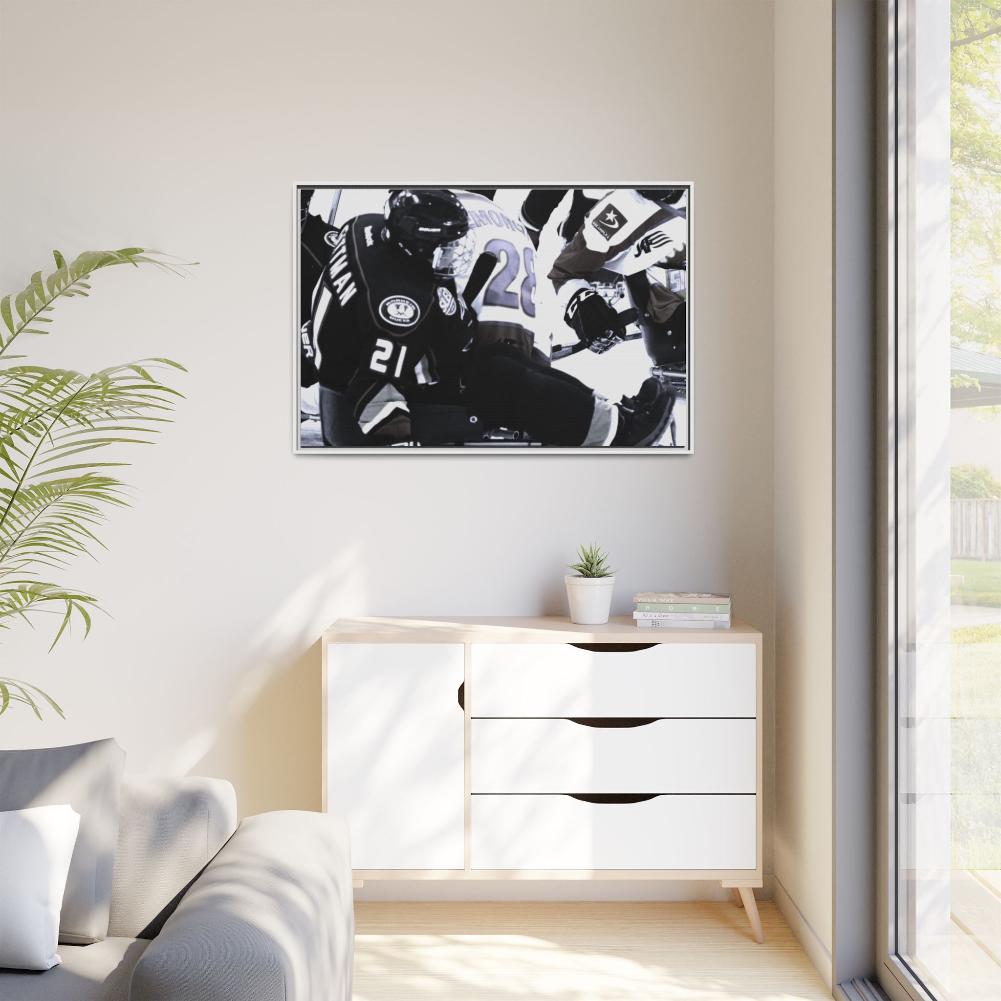 Framed Hockey Action Matte Canvas Print — Black & White Sports Wall Art