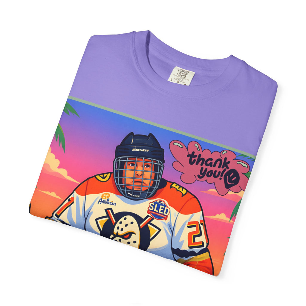 Hockey Tropics T‑Shirt — Sled Hockey Player with "Thank You" Graphic